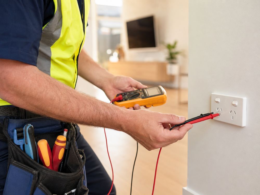 Testing a power point Electrician testing a power point in a home living area