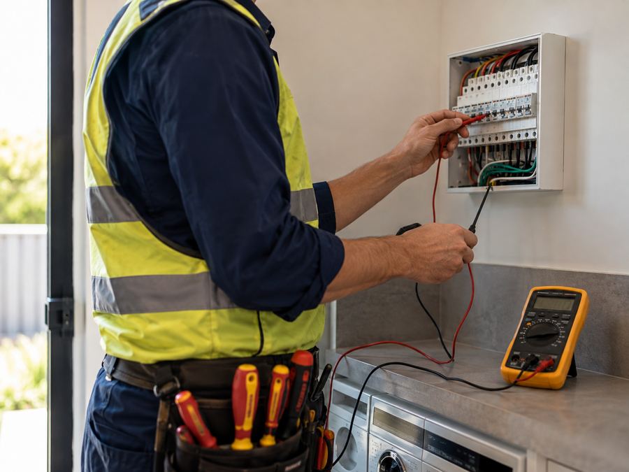 about_us_2_image Electrician working on a switchboard for a residential electrical service in Deception Bay