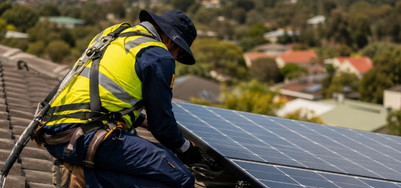 Electrician working safely on a residential roof Electrician working safely on a residential roof in Moreton Bay
