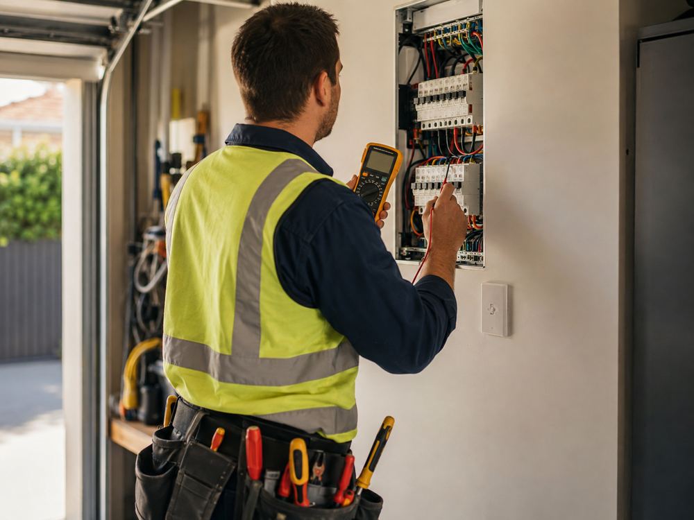 Switchboard testing in a garage Electrician testing a switchboard in a garage