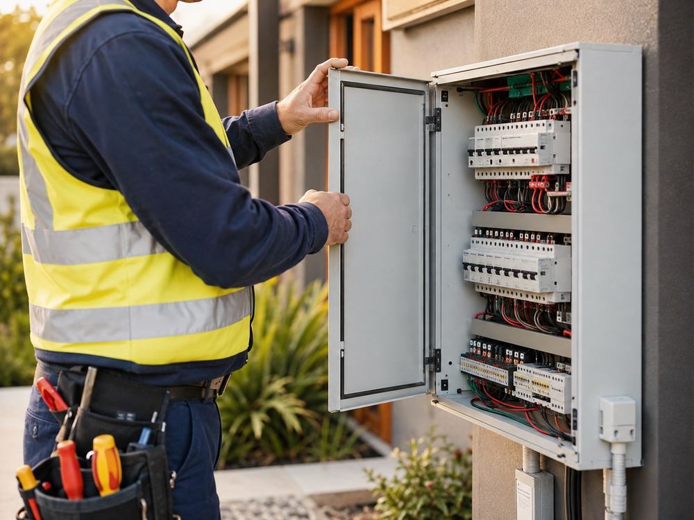 Meter box and switchboard inspection Electrician inspecting a home meter box and switchboard