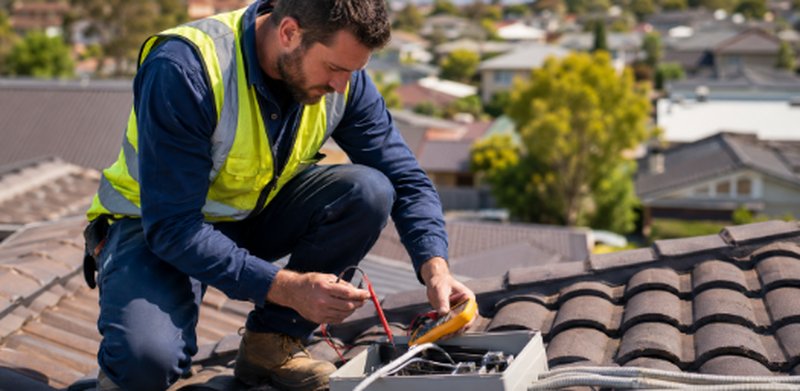 Switchboard wiring on a residential roof Electrician testing switchboard wiring on a residential roof